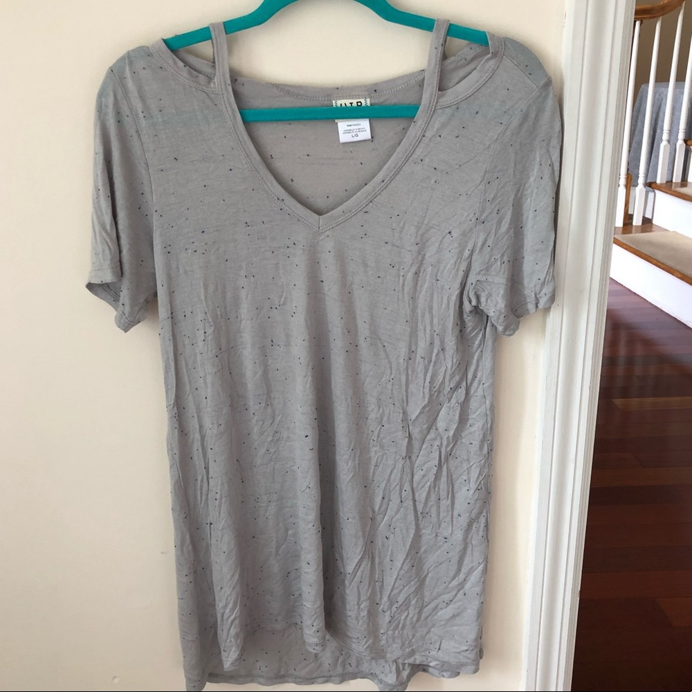 Gray Speckled V Neck Tee with Cut Out Shoulders
